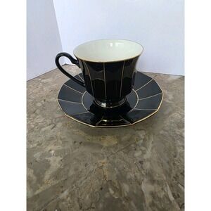 Vintage Mikasa‎ Midnight Gold And Black Footed Cup & Saucer Japan L9908 1983